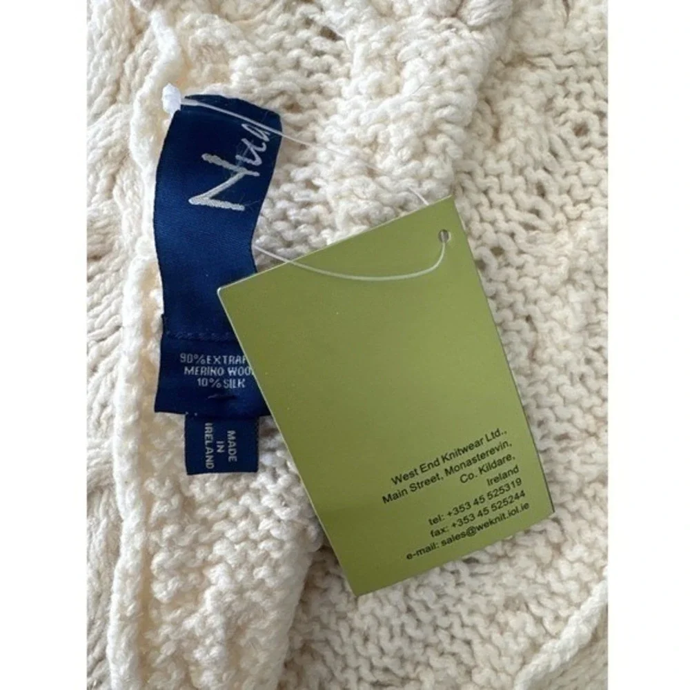 NWT Nua Ireland Merino‎ Wool Silk Cable Knit Scarf Cream Tassels